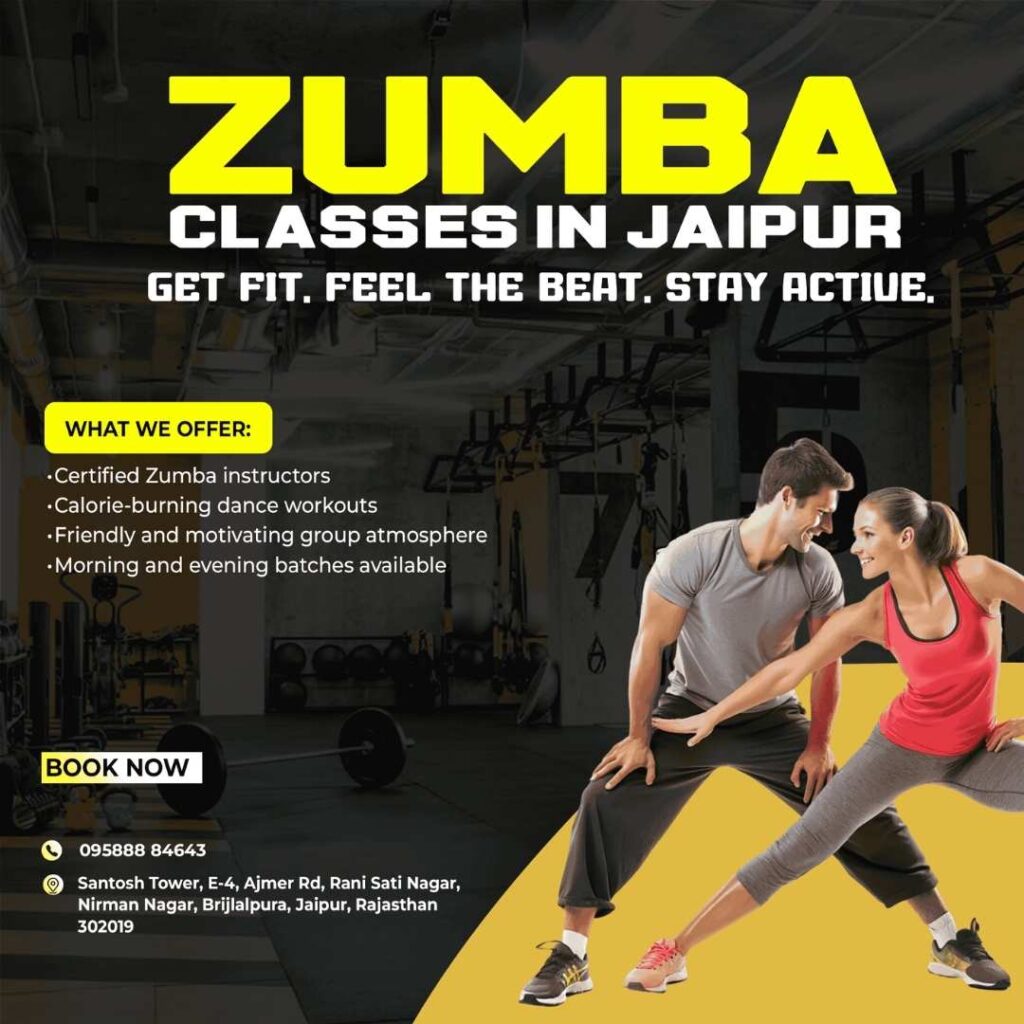 graphic displaying one hour fitness Zumba classes in Jaipur and displaying usp's in their fitness club.